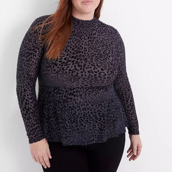 Lane Bryant Long-Sleeve Mock-Neck Sheer Mesh Skater Top Leopard Women Size 14/16 - Picture 1 of 11
